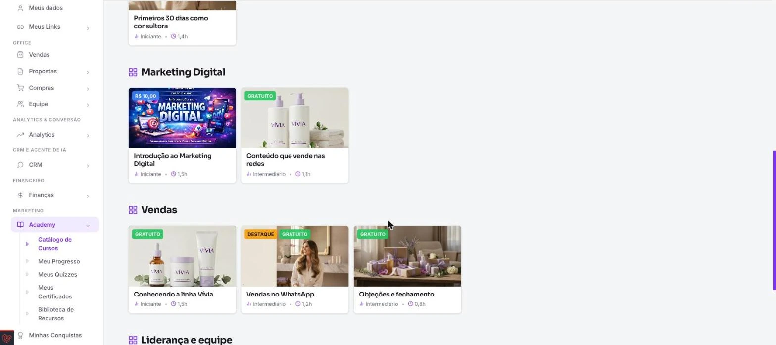 Trilhos de cursos da Academy agrupados por categoria — Marketing Digital, Vendas, Liderança e equipe — com capas, nível e duração de cada curso.