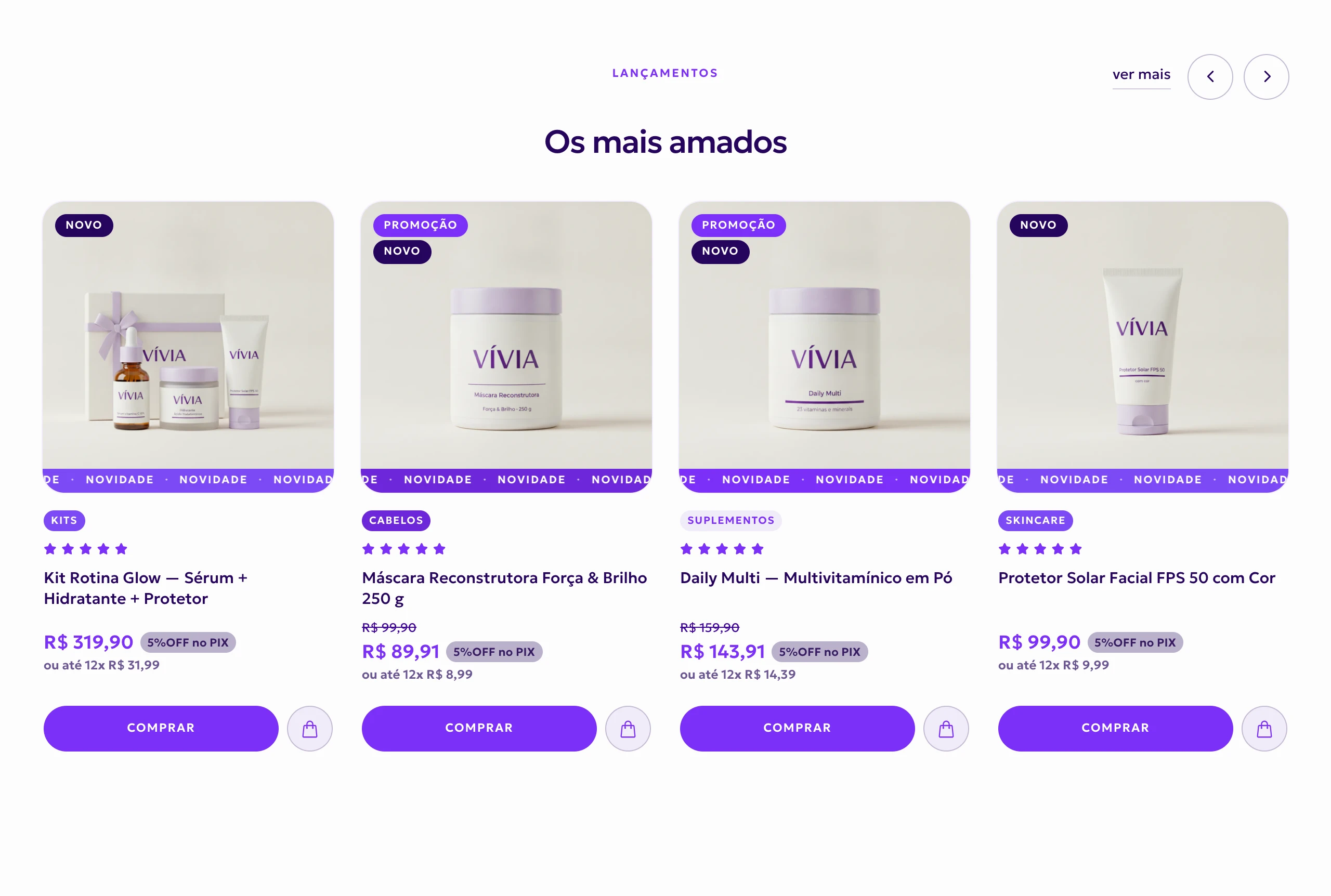 Prateleira "Os mais amados" da loja, com quatro produtos fotografados, selos de novo e promoção, nota em estrelas, preço com desconto no Pix, parcelamento e botão comprar.