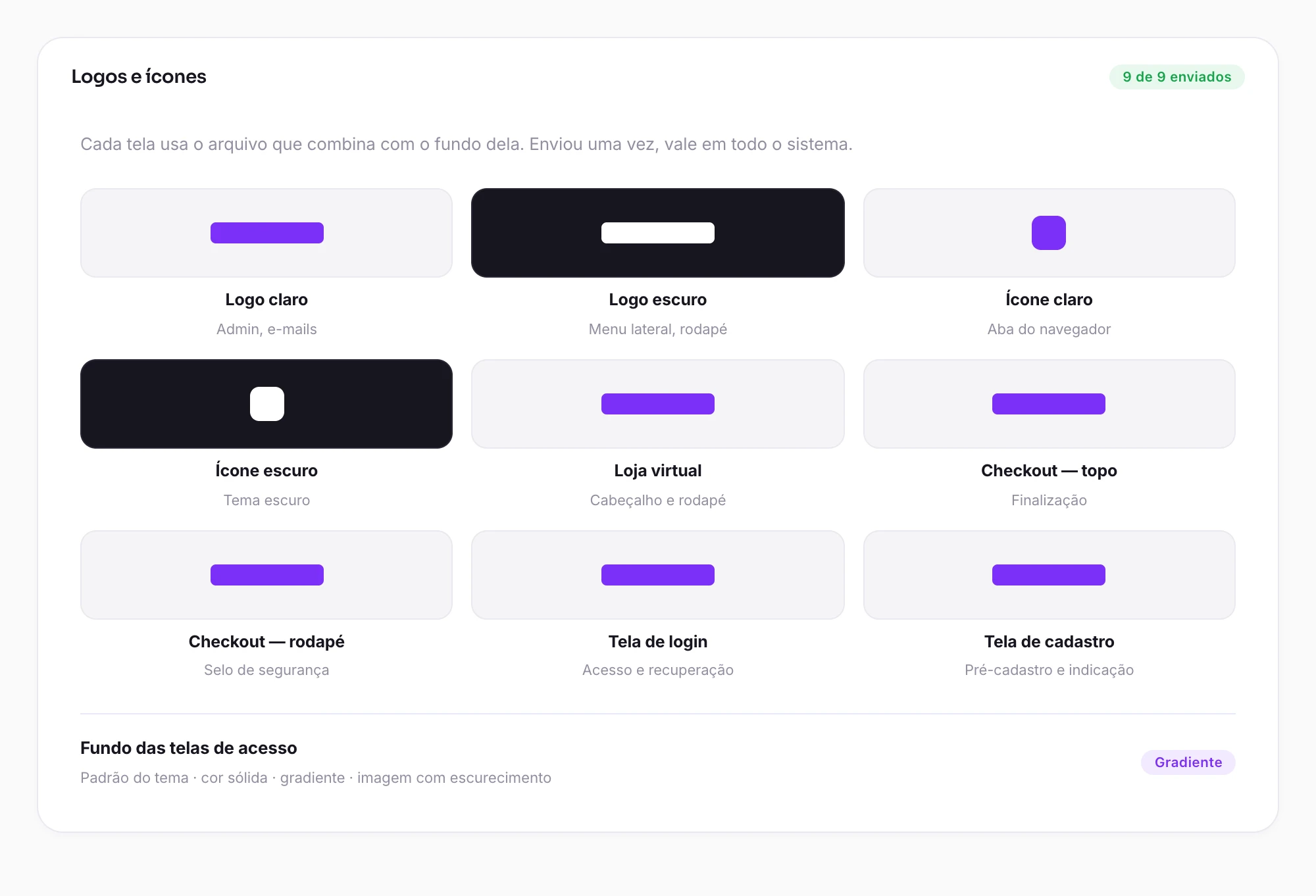 Tela de logos e ícones do painel, com nove espaços — logo claro, logo escuro, ícone claro, ícone escuro, loja virtual, checkout topo e rodapé, tela de login e tela de cadastro — e a configuração do fundo das telas de acesso.