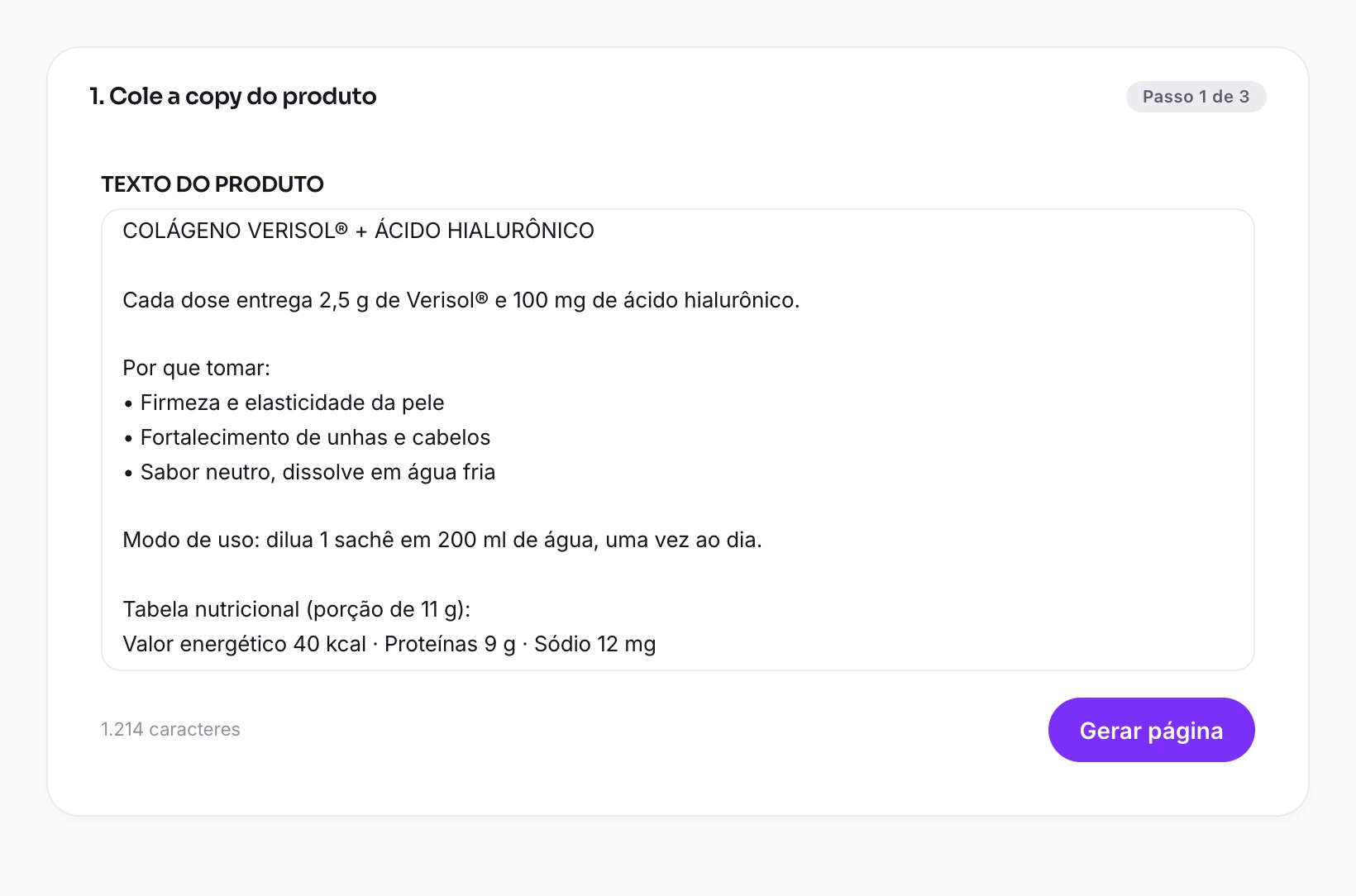 Campo de texto com a copy crua de um colágeno, incluindo doses, benefícios, modo de uso e tabela nutricional.